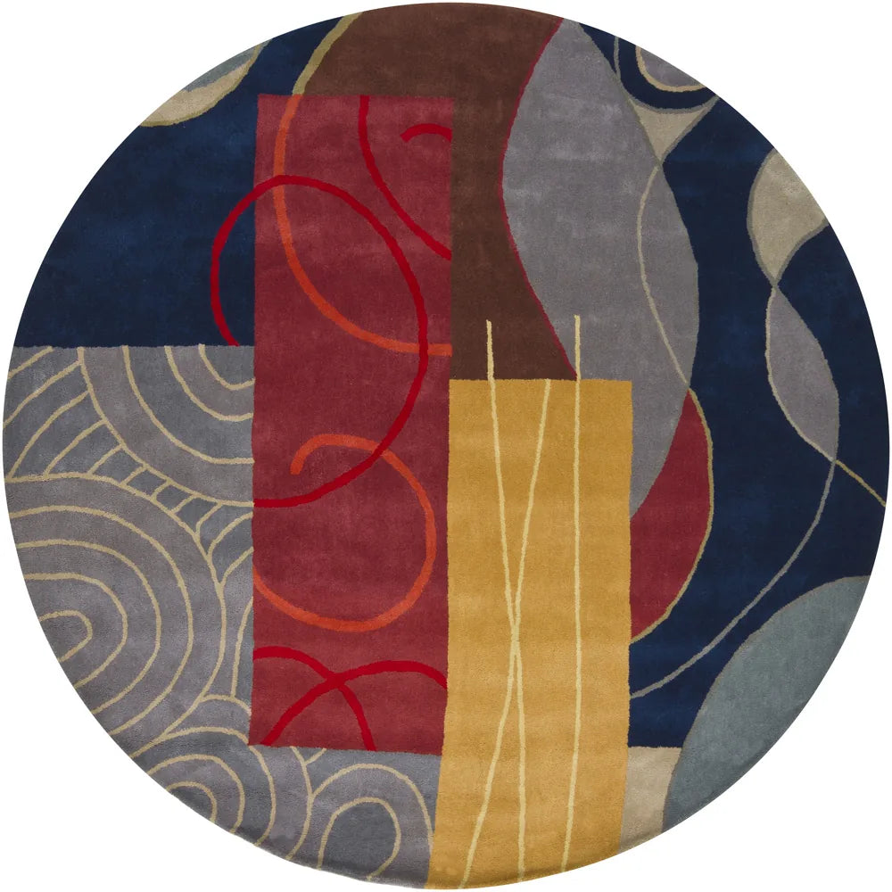 Chandra Bense Garza BEN-3015 Blue and Red and Gold and Grey and Brown round rug, flat view