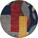 Chandra Bense Garza BEN-3015 Blue and Red and Gold and Grey and Brown round rug, flat view