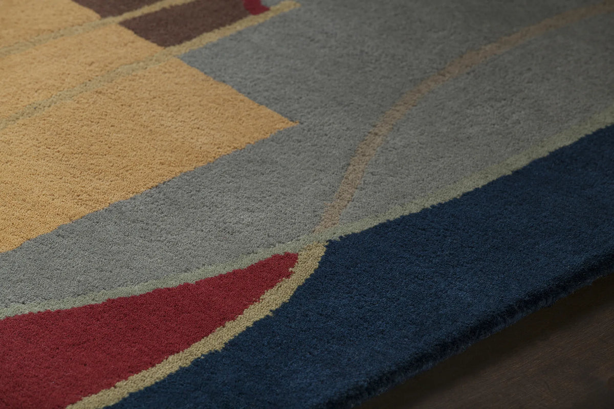 Chandra Bense Garza BEN-3015 Blue and Red and Gold and Grey and Brown rug, side detail view