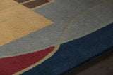 Chandra Bense Garza BEN-3015 Blue and Red and Gold and Grey and Brown rug, side detail view