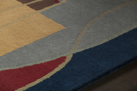 Chandra Bense Garza BEN-3015 Blue and Red and Gold and Grey and Brown rug, side detail view