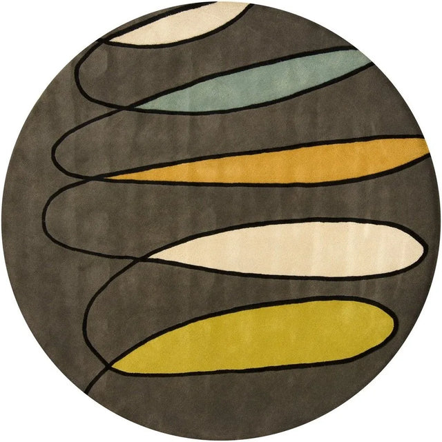 Chandra Bense Garza BEN-3020 Grey and Cream and Green and Orange and Blue and Black round rug, flat view