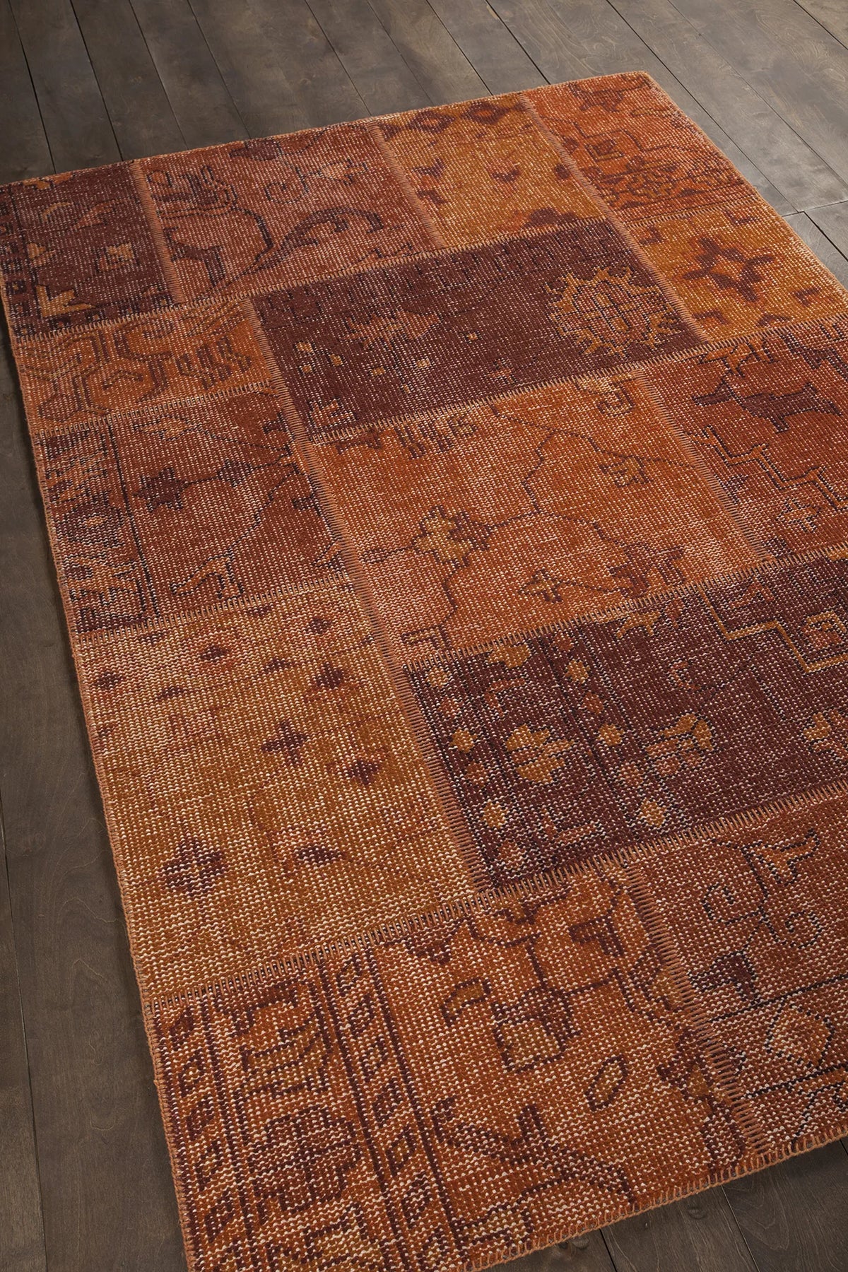 Chandra Fusion FUS-26305 Orange and rust and burgundy rug, angled side view
