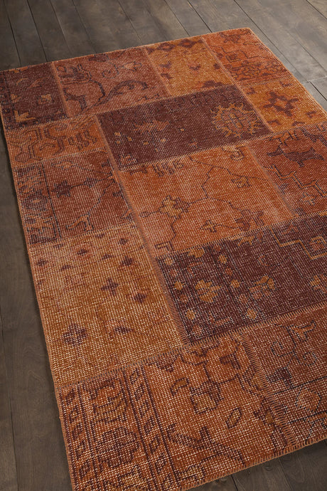 Chandra Fusion FUS-26305 Orange and rust and burgundy rug, angled side view