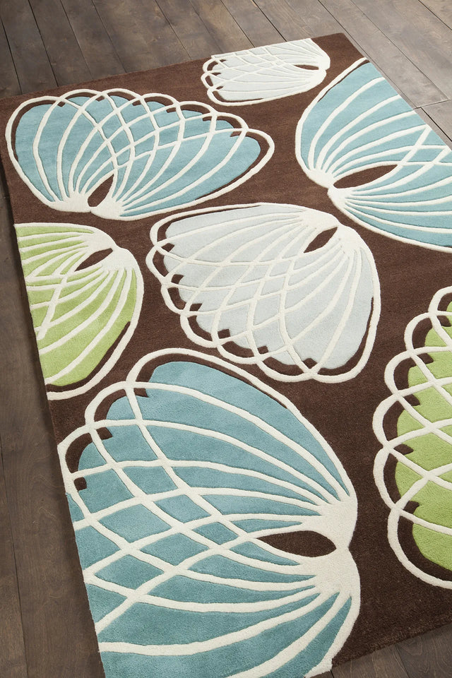 Chandra Inhabit INH-21607 Brown and Green and Blue and White rug, angled side view