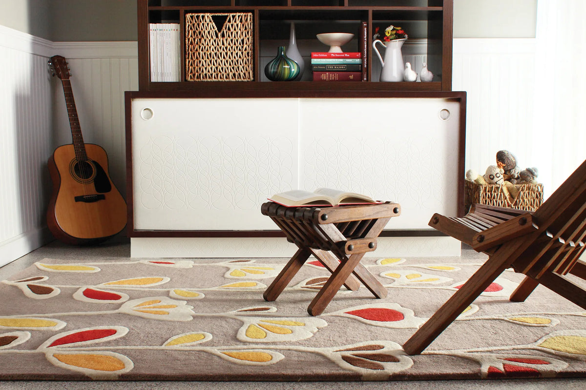 Chandra Inhabit INH-21609 Grey and White and Yellow and Brown and Red rug, shown in a styled room setting