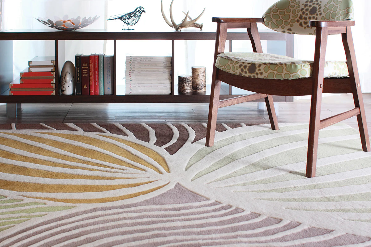 Chandra Inhabit INH-21621 White and Green and Orange and Grey and Brown rug, shown in a styled room setting