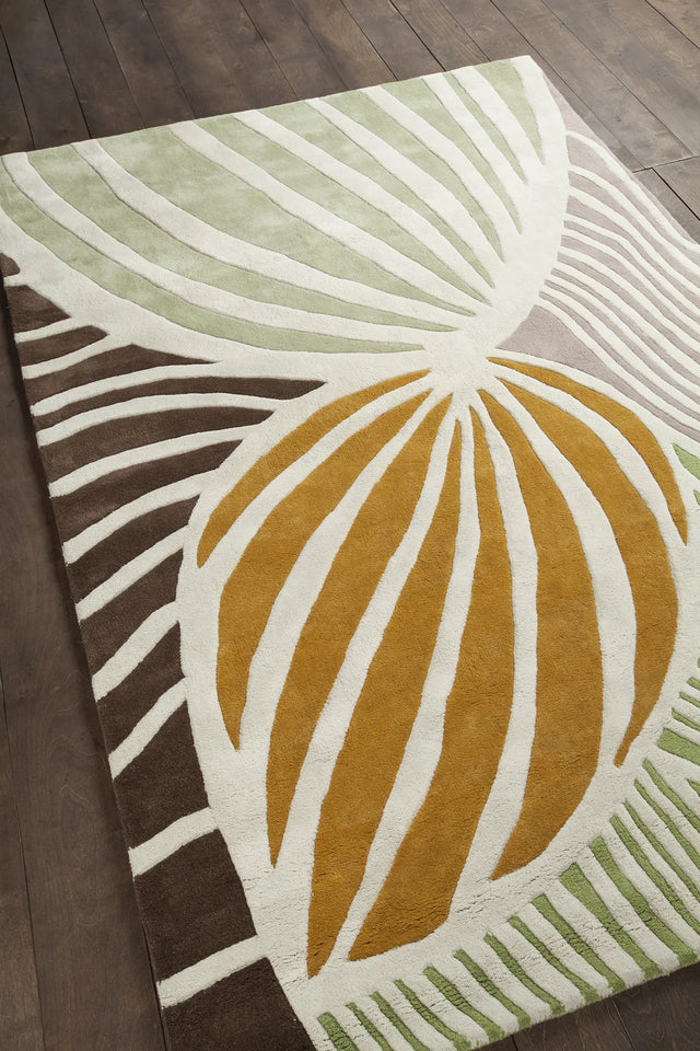 Chandra Inhabit INH-21621 White and Green and Orange and Grey and Brown rug, angled side view