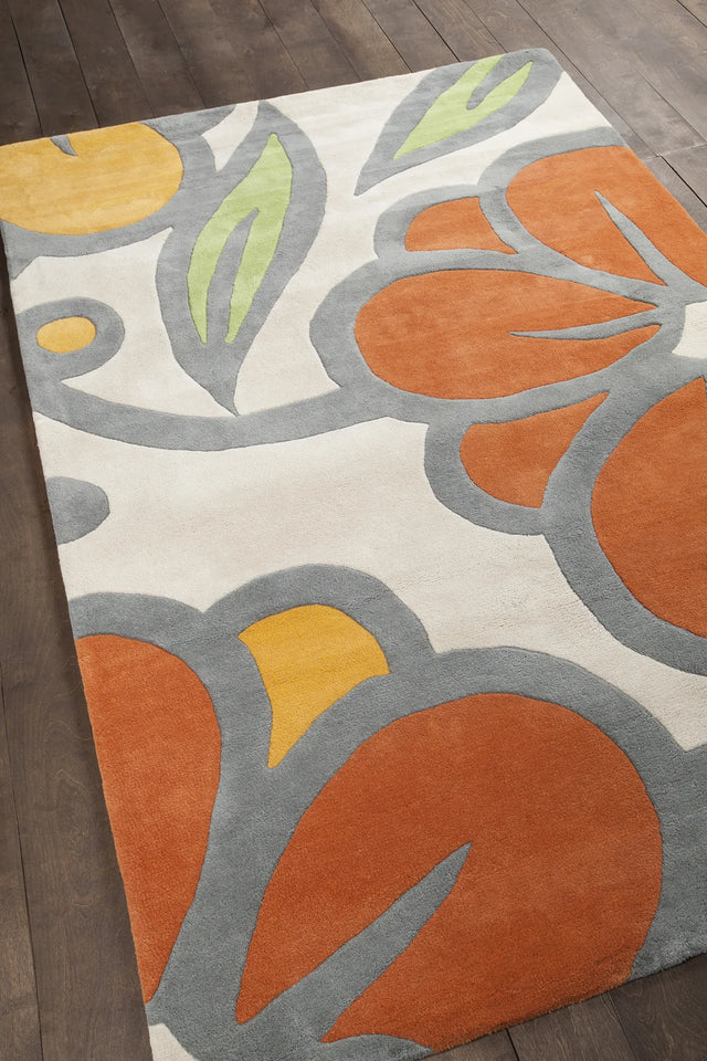 Chandra Inhabit INH-21625 Grey and Orange and White and Green and Rust rug, angled side view