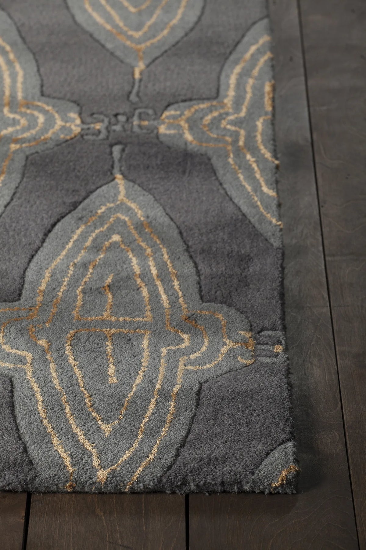 Chandra Jessica Swift JES-28901 Charcoal and Grey and Gold rug, corner detail