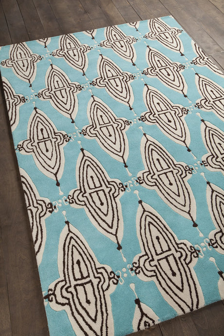 Chandra Jessica Swift JES-28902 Blue and White and Black rug, angled side view