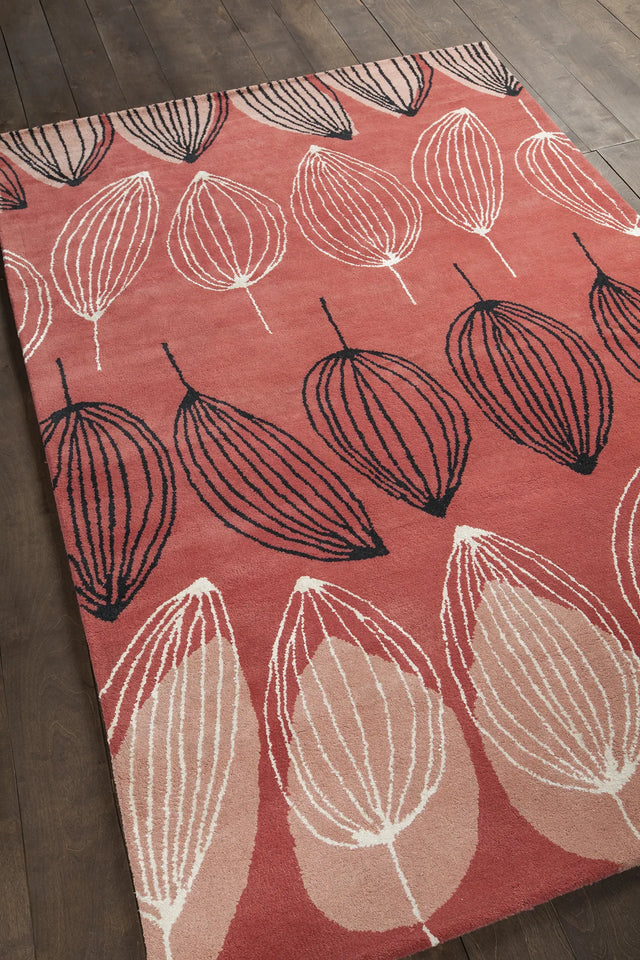 Chandra Jessica Swift JES-28904 Red and Pink and White and Black rug, angled side view