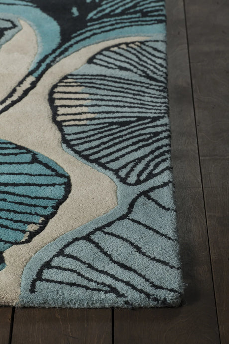 Chandra Jessica Swift JES-28905 White and Black and Teal rug, corner detail