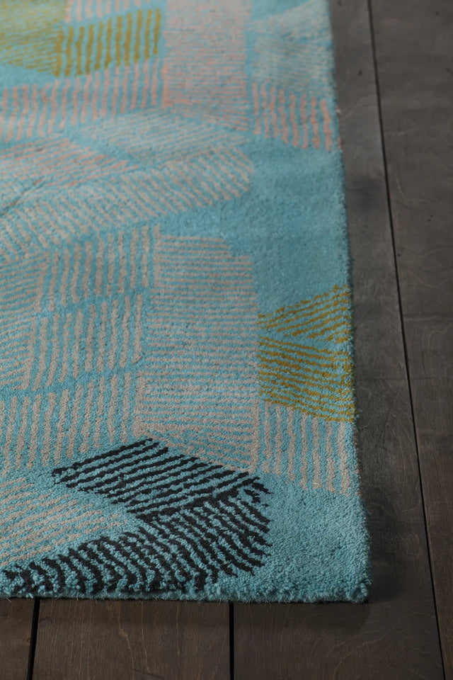 Chandra Jessica Swift JES-28906 Teal and White and Black and Pink and Gold rug, corner detail