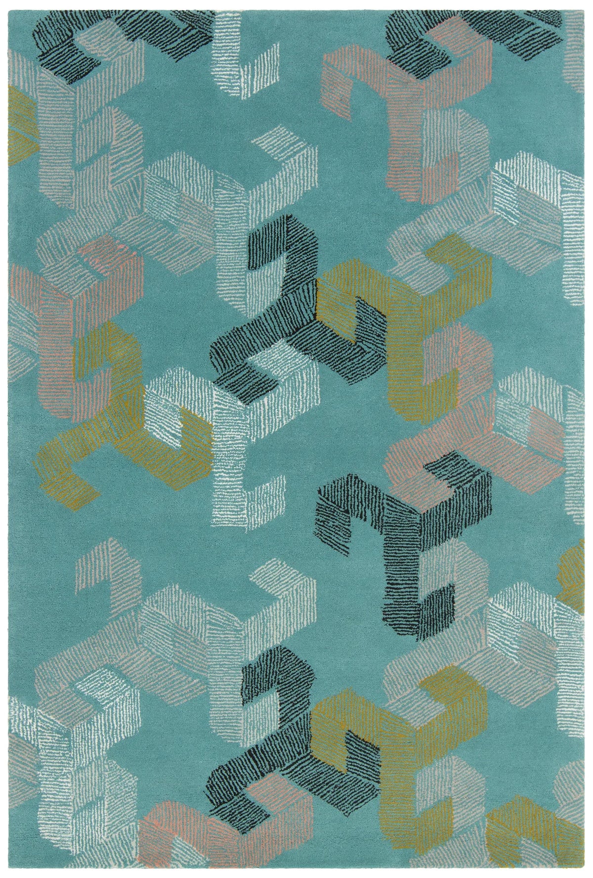 Chandra Jessica Swift JES-28906 Teal and White and Black and Pink and Gold rug, flat view