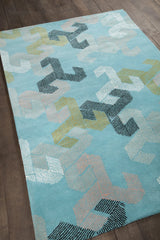 Chandra Jessica Swift JES-28906 Teal and White and Black and Pink and Gold rug, angled side view