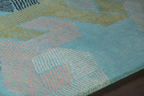 Chandra Jessica Swift JES-28906 Teal and White and Black and Pink and Gold rug, side detail view
