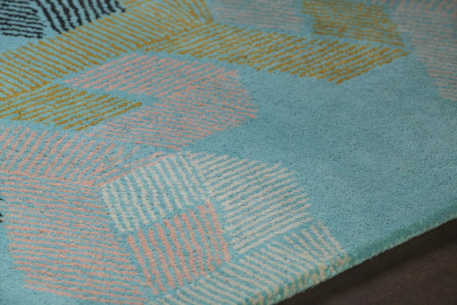 Chandra Jessica Swift JES-28906 Teal and White and Black and Pink and Gold rug, side detail view