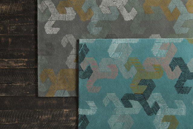 Chandra Jessica Swift JES-28906 Teal and White and Black and Pink and Gold rug, styled detail view