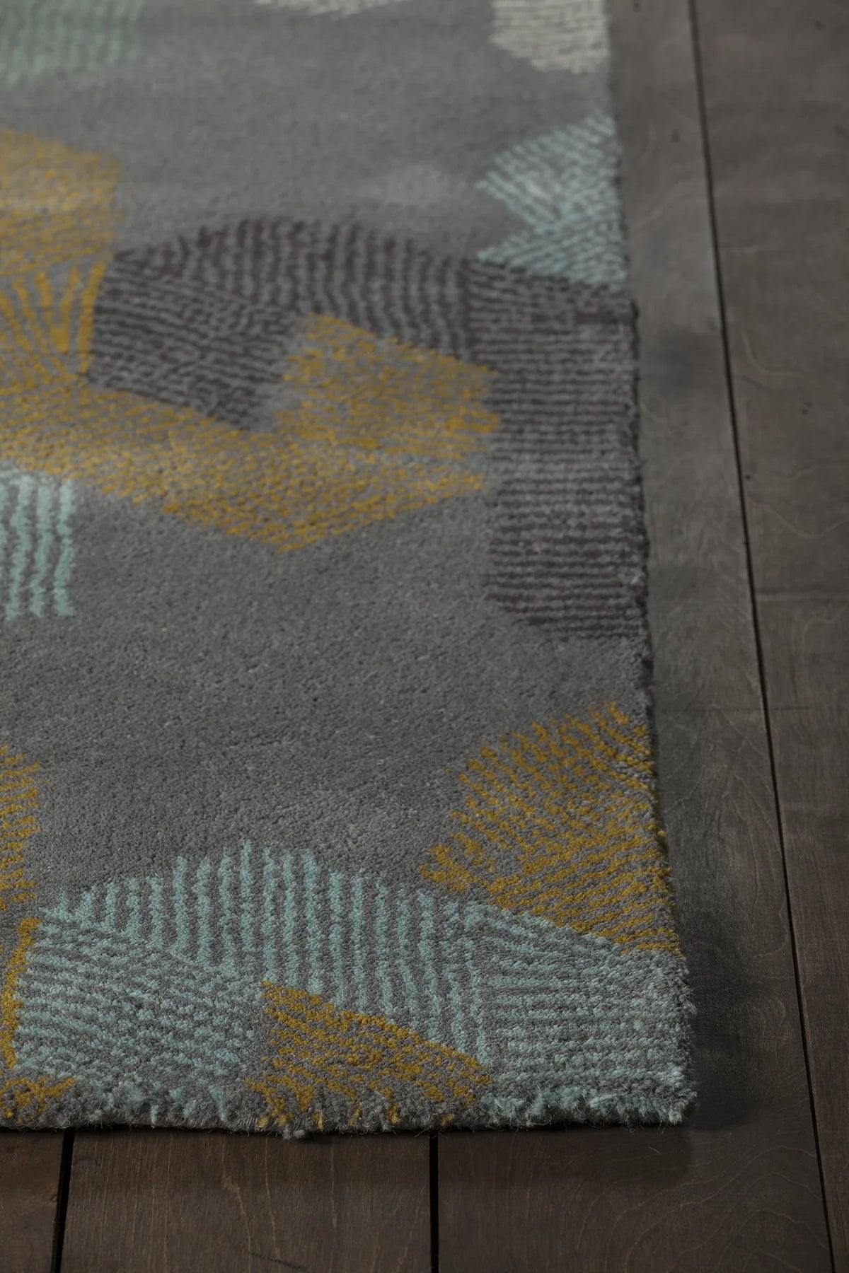 Chandra Jessica Swift JES-28907 Grey and White and Blue and Black and Gold rug, corner detail