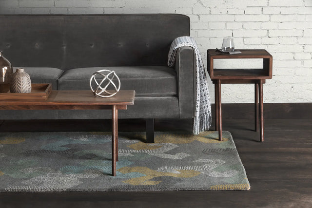 Chandra Jessica Swift JES-28907 Grey and White and Blue and Black and Gold rug, shown in a room setting