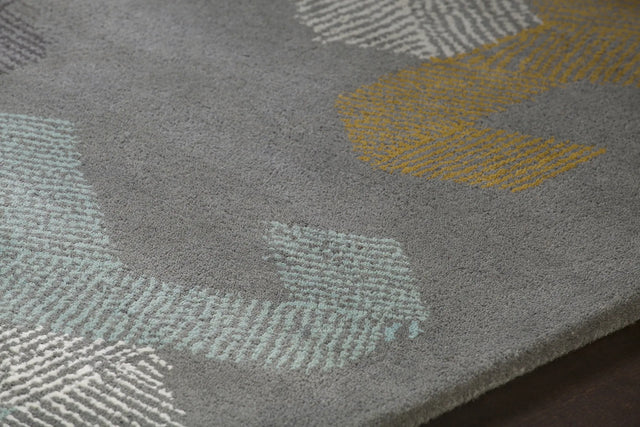 Chandra Jessica Swift JES-28907 Grey and White and Blue and Black and Gold rug, side detail view