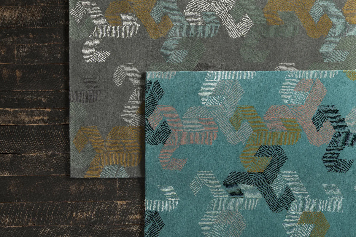Chandra Jessica Swift JES-28907 Grey and White and Blue and Black and Gold rug, styled detail view