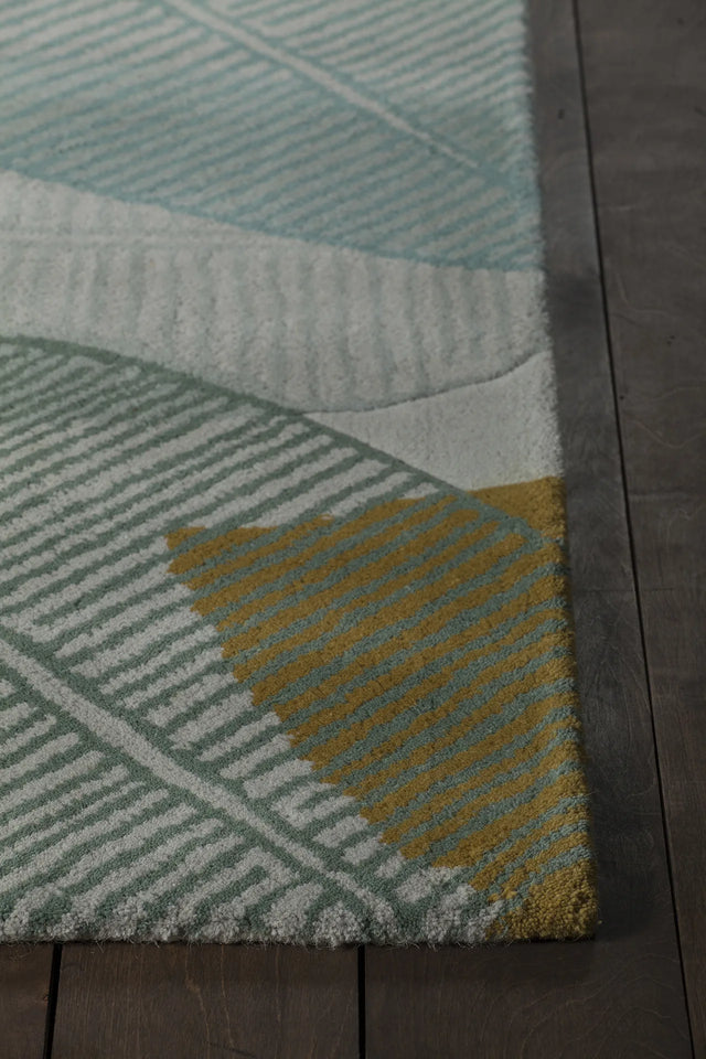 Chandra Jessica Swift JES-28908 Grey and Brown and Yellow and Blue and White rug, corner detail