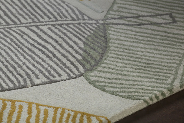 Chandra Jessica Swift JES-28908 Grey and Brown and Yellow and Blue and White rug, side detail view
