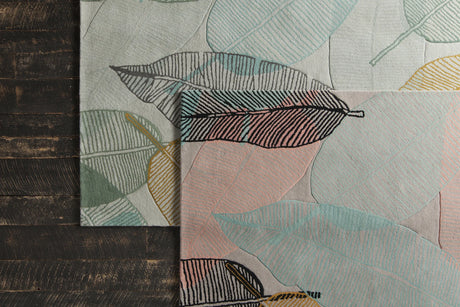 Chandra Jessica Swift JES-28908 Grey and Brown and Yellow and Blue and White rug, styled detail view