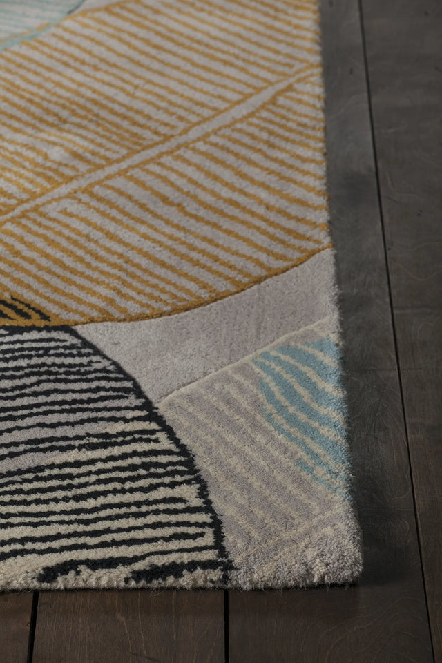 Chandra Jessica Swift JES-28909 Grey and Pink and Blue and Yellow and Black rug, corner detail