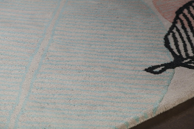 Chandra Jessica Swift JES-28909 Grey and Pink and Blue and Yellow and Black rug, side detail view