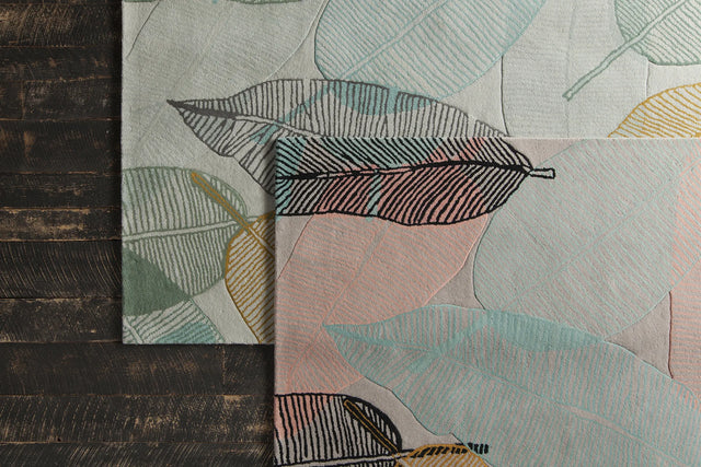 Chandra Jessica Swift JES-28909 Grey and Pink and Blue and Yellow and Black rug, styled detail view
