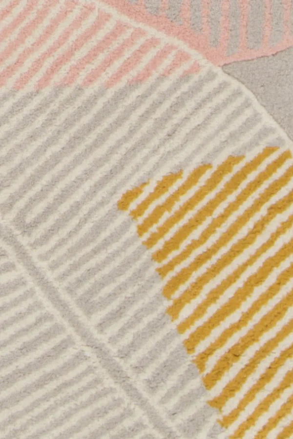 Chandra Jessica Swift JES-28909 Grey and Pink and Blue and Yellow and Black rug, texture close-up