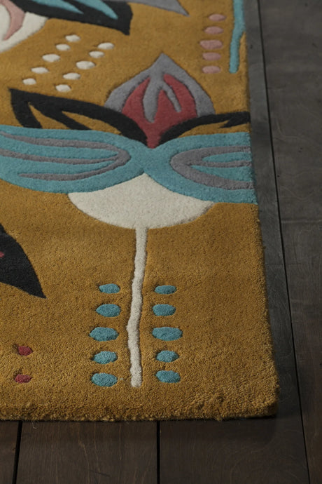 Chandra Jessica Swift JES-28910 Gold and Blue and Black and Pink and Cream and Grey rug, corner detail