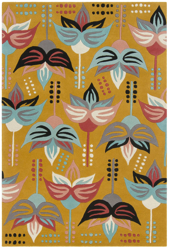 Chandra Jessica Swift JES-28910 Gold and Blue and Black and Pink and Cream and Grey rug, flat view