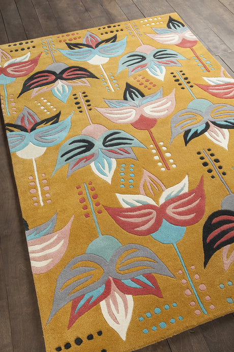 Chandra Jessica Swift JES-28910 Gold and Blue and Black and Pink and Cream and Grey rug, angled side view