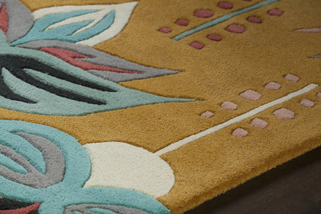 Chandra Jessica Swift JES-28910 Gold and Blue and Black and Pink and Cream and Grey rug, side detail view