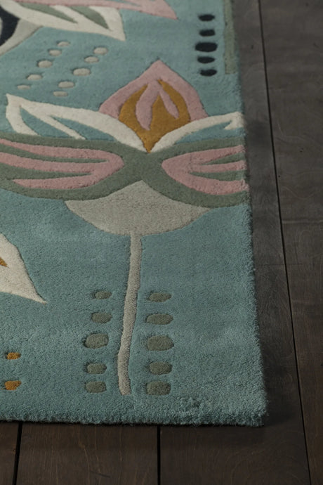 Chandra Jessica Swift JES-28911 Teal and Pink and Cream and Black and Grey and Yellow rug, corner detail