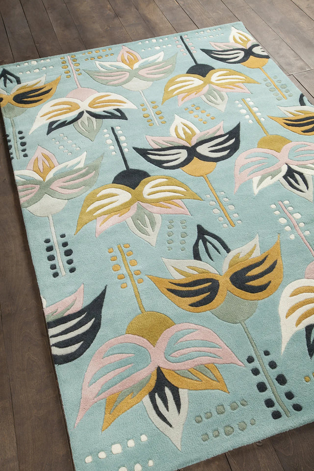 Chandra Jessica Swift JES-28911 Teal and Pink and Cream and Black and Grey and Yellow rug, angled side view