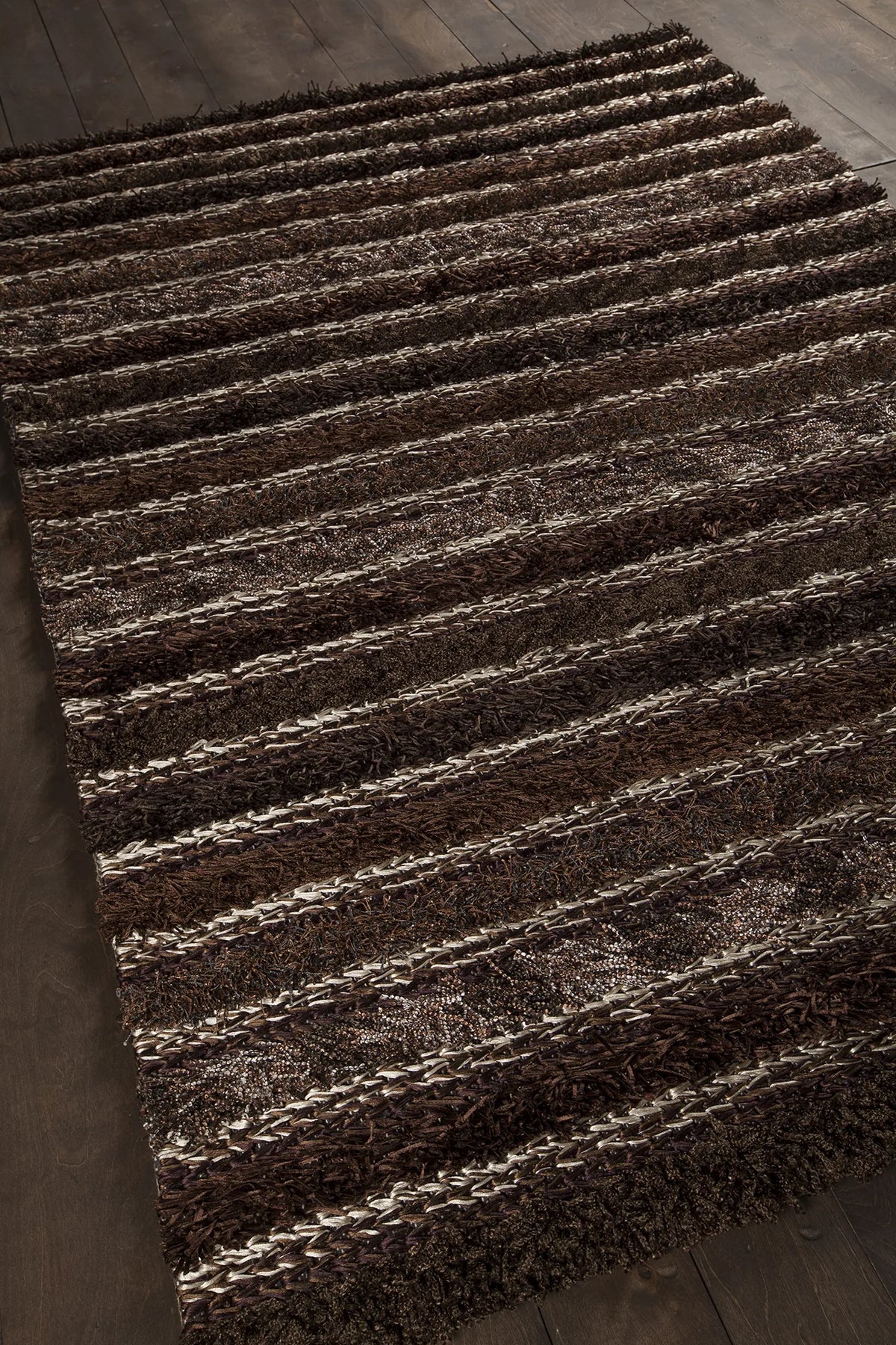 Chandra Lavasa LAV-21402 Brown and Taupe and Tan rug, angled side view