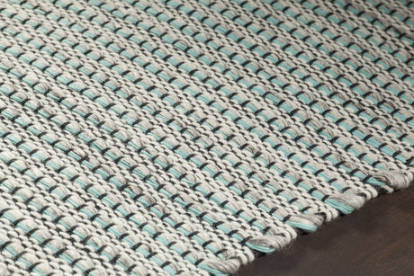 Chandra Lena LEN-44600 Teal and White and Grey and Black rug, side detail view