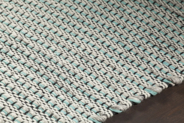 Chandra Lena LEN-44600 Teal and White and Grey and Black rug, side detail view