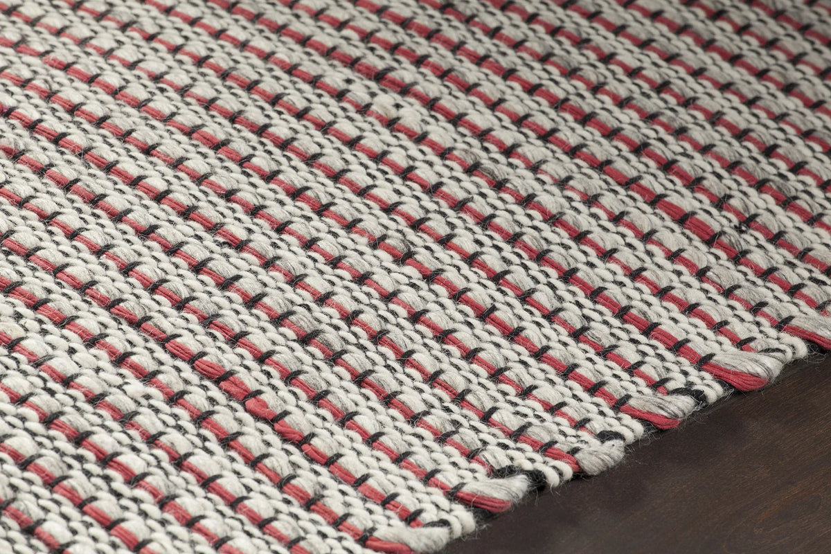 Chandra Lena LEN-44601 Red and White and Grey and Black rug, side detail view