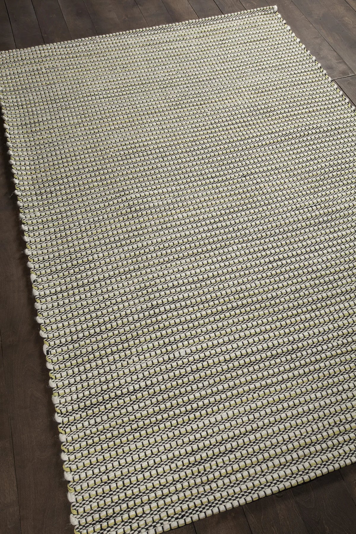 Chandra Lena LEN-44602 Green and White and Grey and Black rug, angled side view