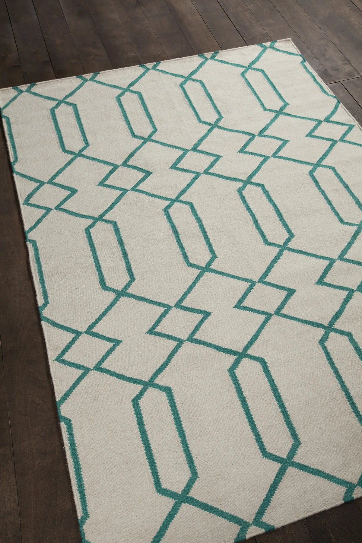 Chandra Lima LIM-25713 White and Teal rug, angled side view