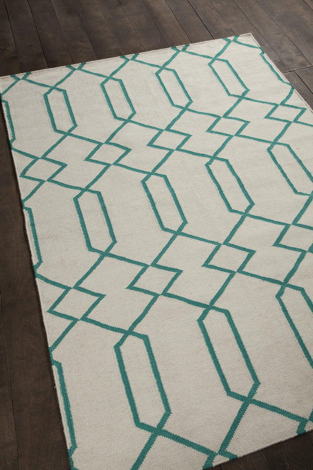 Chandra Lima LIM-25713 White and Teal rug, angled side view