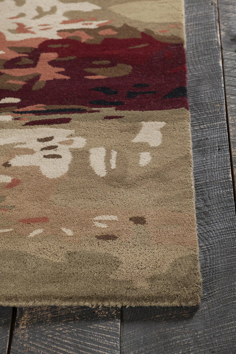 Chandra Nirvana NIR-6601 Burgundy and Grey and Green and Tan and Black rug, corner detail