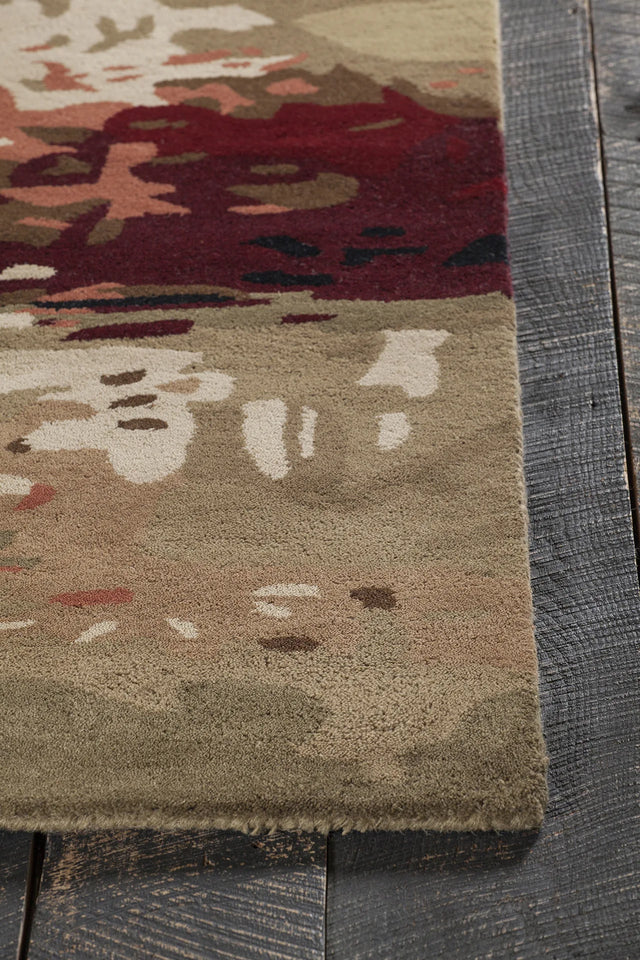 Chandra Nirvana NIR-6601 Burgundy and Grey and Green and Tan and Black rug, corner detail