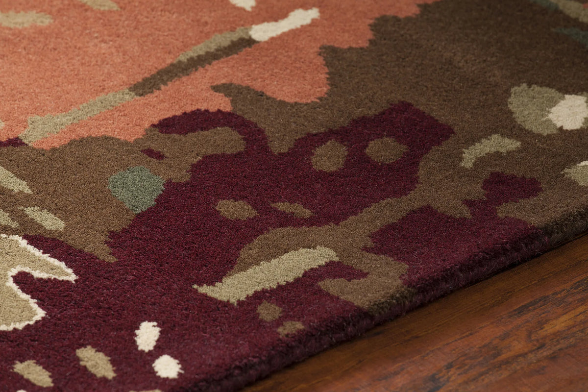 Chandra Nirvana NIR-6601 Burgundy and Grey and Green and Tan and Black rug, side detail view